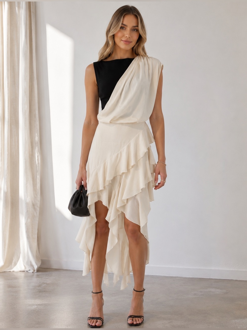L’Academie by Marianna Zita Asymmetrical Ruffle Midi Dress| Size:Small